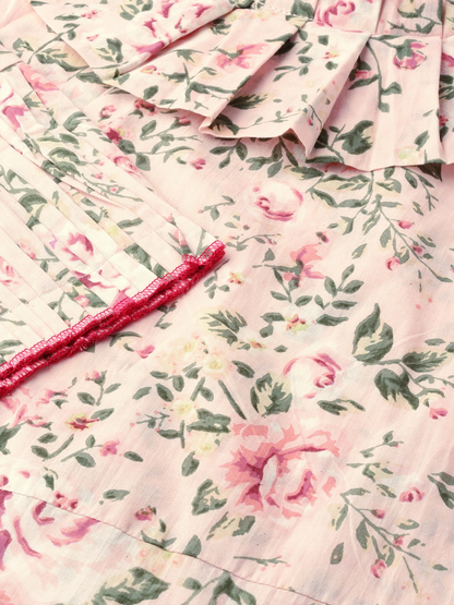 Women's Pastel Pink Calf Length Three-Quarter Sleeves Straight Floral Printed  Kurta