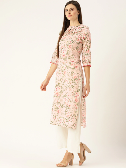 Women's Pastel Pink Calf Length Three-Quarter Sleeves Straight Floral Printed  Kurta