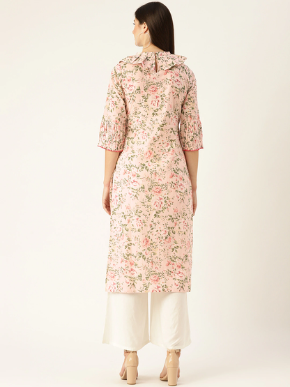Women's Pastel Pink Calf Length Three-Quarter Sleeves Straight Floral Printed  Kurta