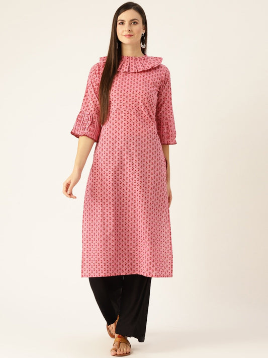 Women's Pink Calf Length Three-Quarter Sleeves Straight Ethnic Motifs Printed  Kurta