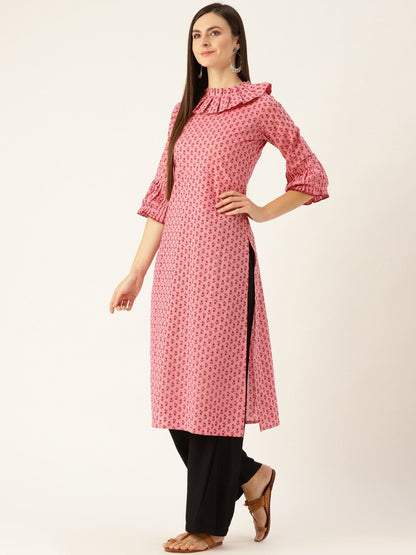 Women's Pink Calf Length Three-Quarter Sleeves Straight Ethnic Motifs Printed  Kurta