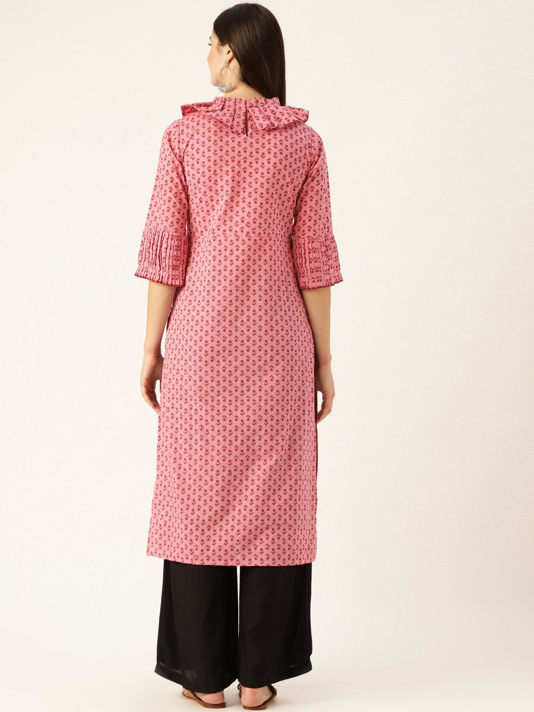 Women's Pink Calf Length Three-Quarter Sleeves Straight Ethnic Motifs Printed  Kurta