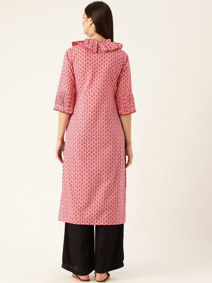 Women's Pink Calf Length Three-Quarter Sleeves Straight Ethnic Motifs Printed  Kurta