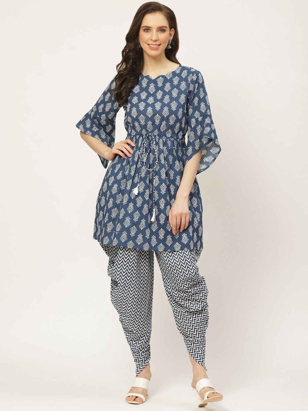 Women's Indigo Three-Quarter Sleeves Flared Kurta And Dhoti Pant Set