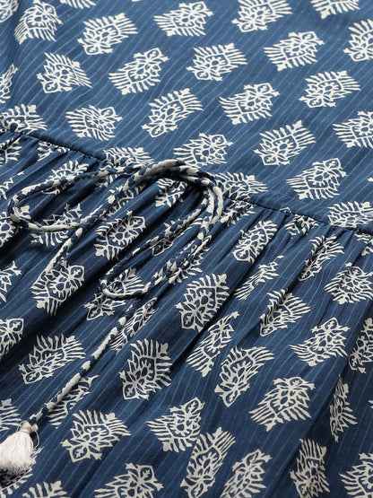 Women's Indigo Three-Quarter Sleeves Flared Kurta And Dhoti Pant Set