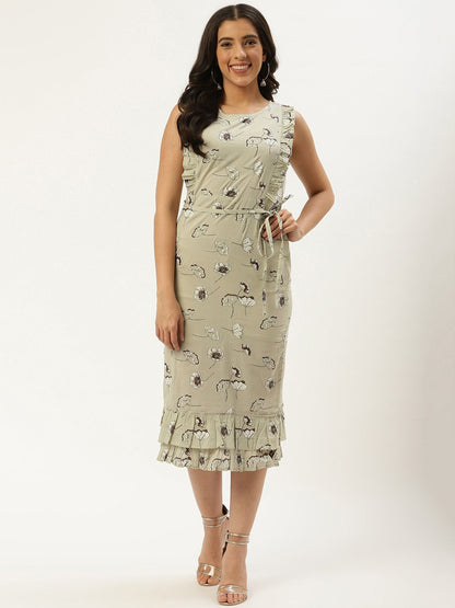 Women's Grey Floral Printed Round Neck Cotton A-Line Dress