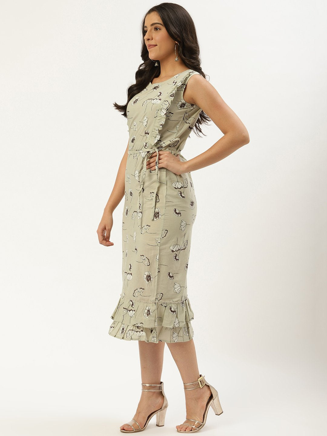 Women's Grey Floral Printed Round Neck Cotton A-Line Dress