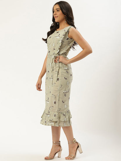 Women's Grey Floral Printed Round Neck Cotton A-Line Dress