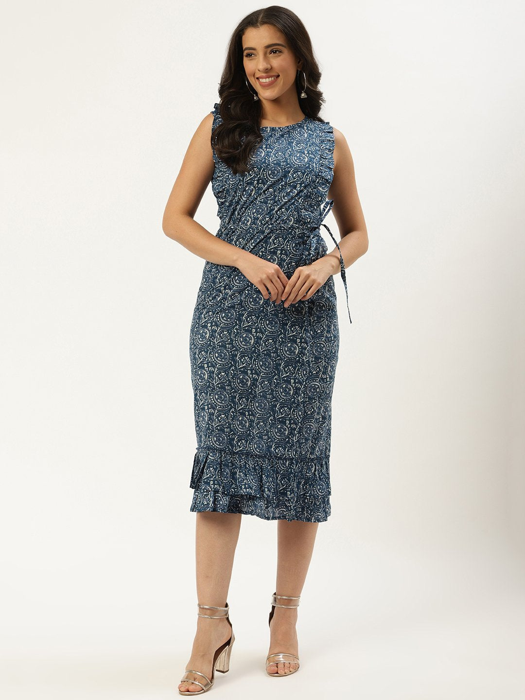 Women's Blue Floral Printed Round Neck Cotton A-Line Dress