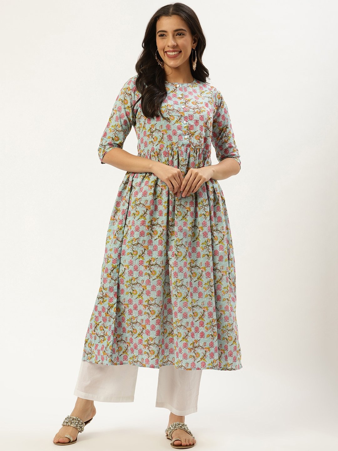 Women's Sky Blue Three-Quarter Sleeves Flared Kurta And Palazzo Set