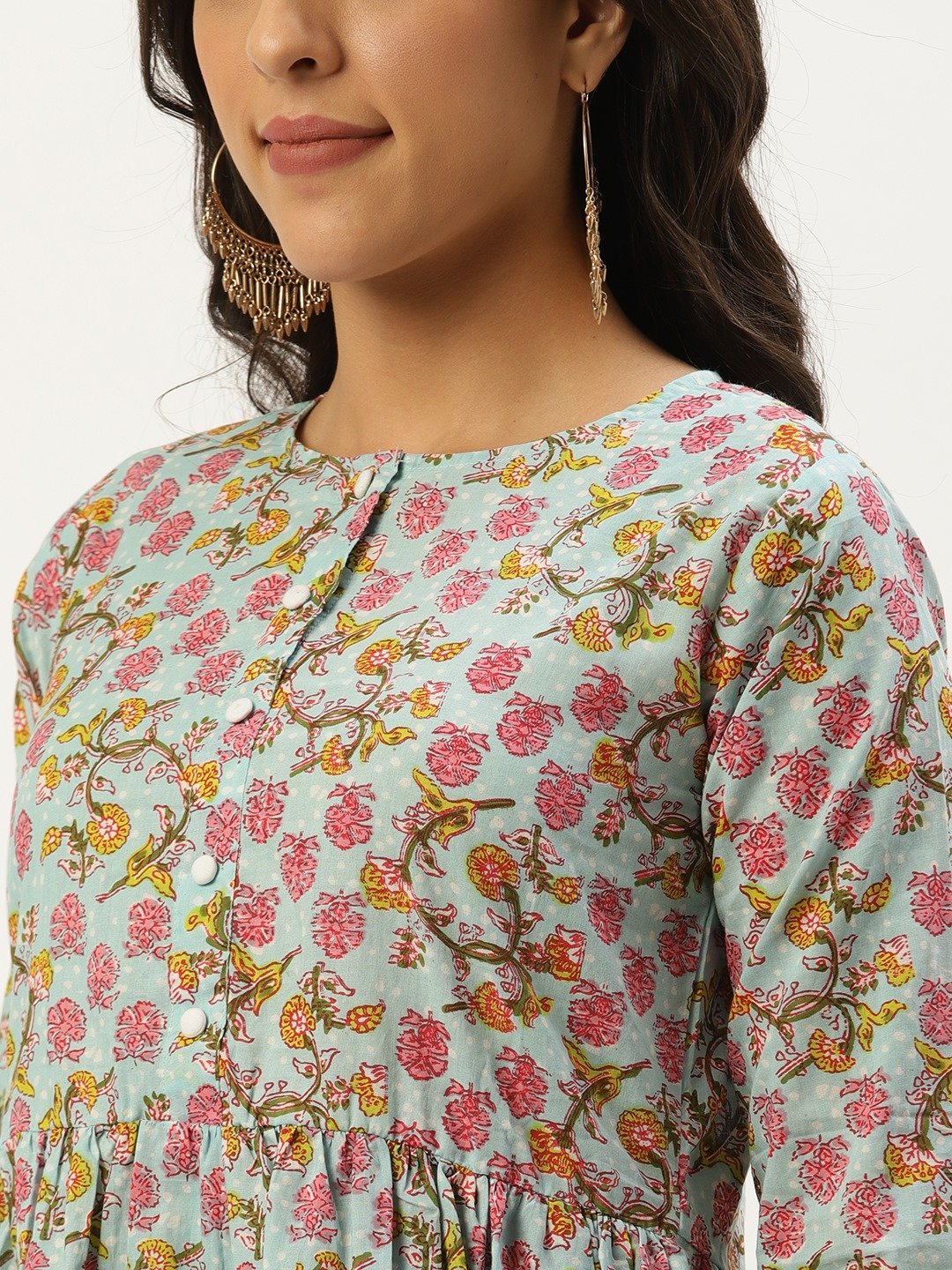 Women's Sky Blue Three-Quarter Sleeves Flared Kurta And Palazzo Set