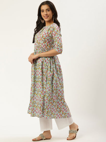 Women's Sky Blue Three-Quarter Sleeves Flared Kurta And Palazzo Set
