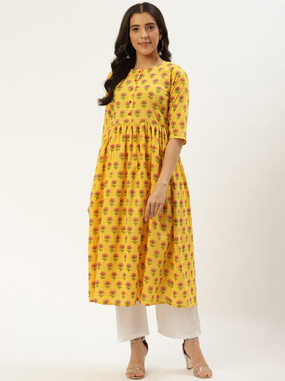 Women's Yellow Three-Quarter Sleeves Flared Kurta And Palazzo Set