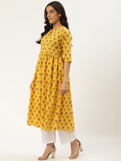 Women's Yellow Three-Quarter Sleeves Flared Kurta And Palazzo Set