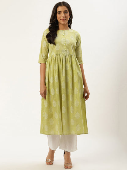 Women's Pista Green Three-Quarter Sleeves Flared Kurta And Palazzo Set