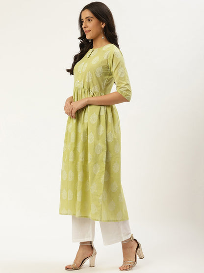 Women's Pista Green Three-Quarter Sleeves Flared Kurta And Palazzo Set