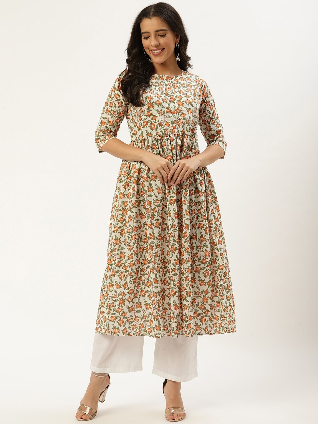 Women's Off White Three-Quarter Sleeves Flared Kurta And Palazzo Set