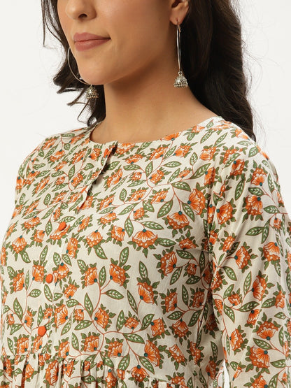 Women's Off White Three-Quarter Sleeves Flared Kurta And Palazzo Set