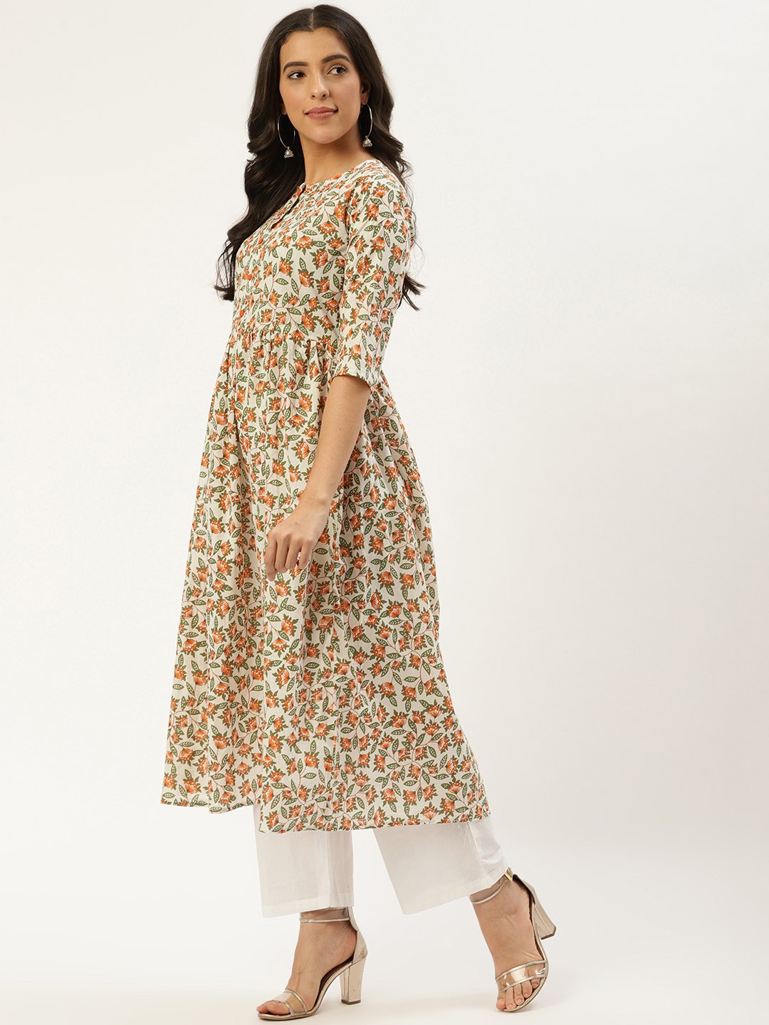 Women's Off White Three-Quarter Sleeves Flared Kurta And Palazzo Set