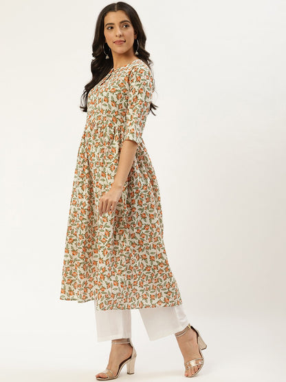 Women's Off White Three-Quarter Sleeves Flared Kurta And Palazzo Set