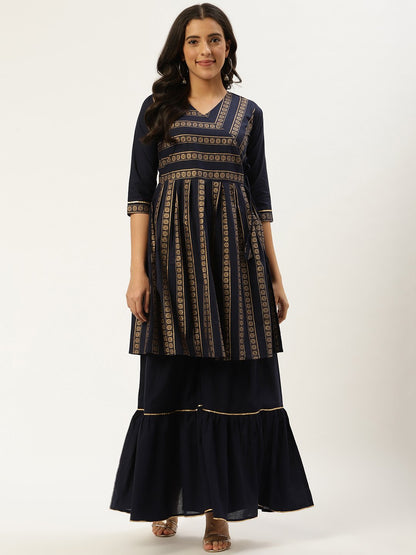 Women's Navy Blue Three-Quarter Sleeves Flared Peplum Kurta And Sharara Set