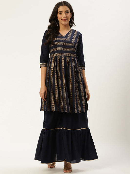 Women's Navy Blue Three-Quarter Sleeves Flared Peplum Kurta And Sharara Set