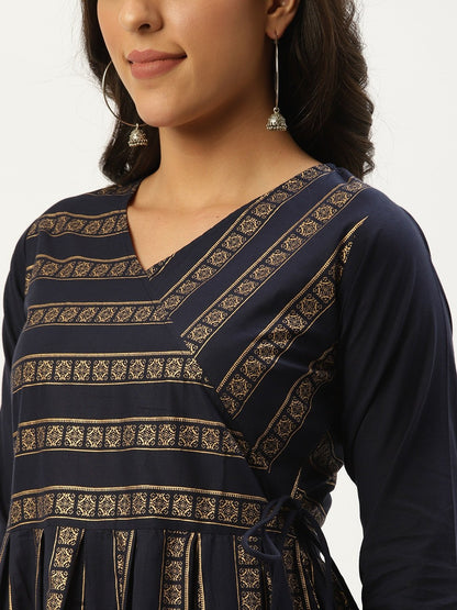 Women's Navy Blue Three-Quarter Sleeves Flared Peplum Kurta And Sharara Set