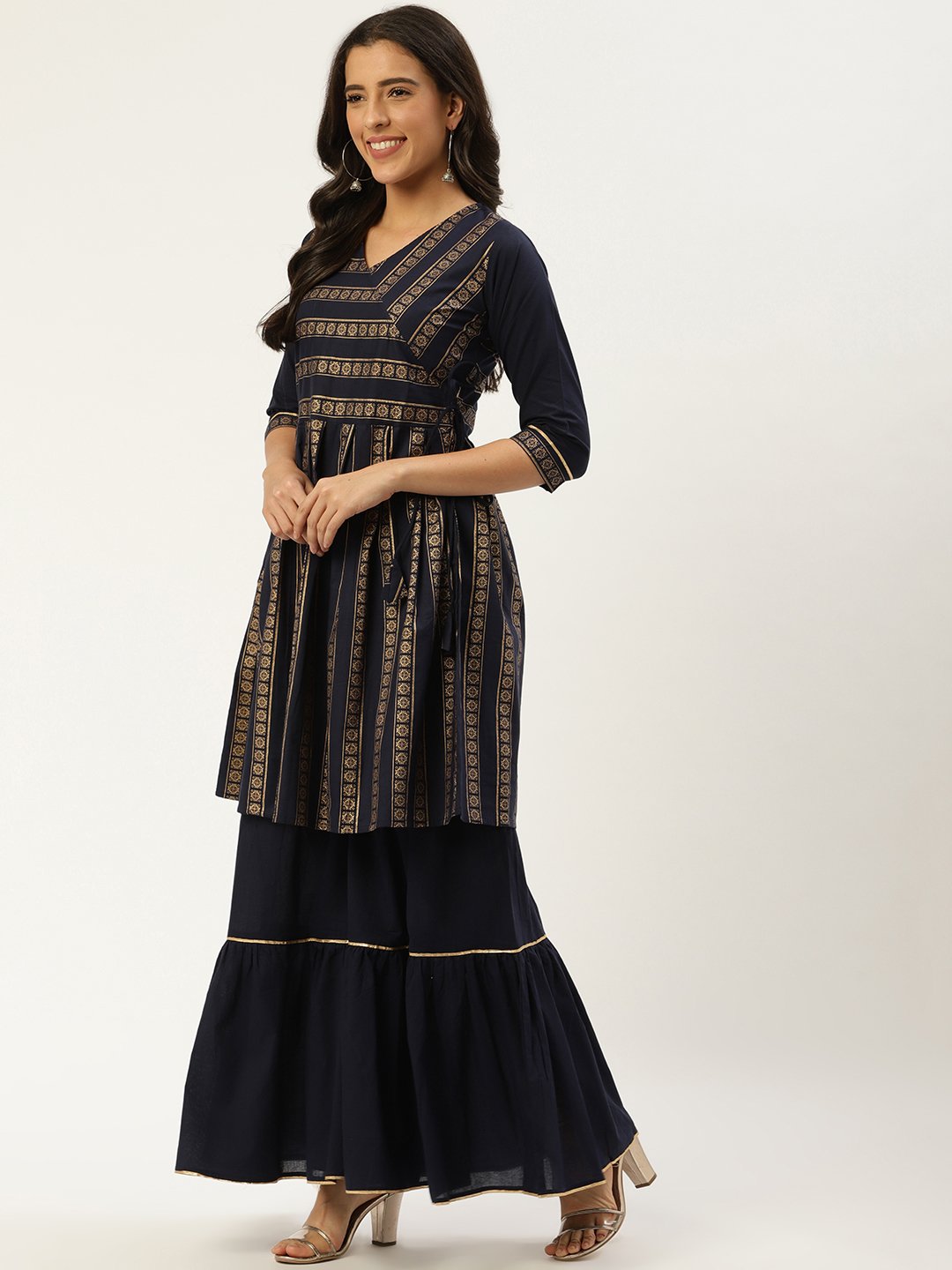 Women's Navy Blue Three-Quarter Sleeves Flared Peplum Kurta And Sharara Set