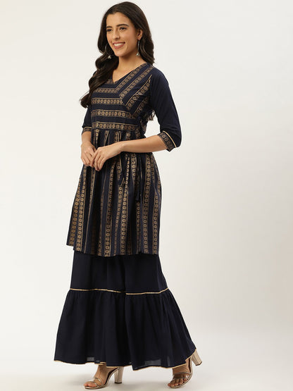 Women's Navy Blue Three-Quarter Sleeves Flared Peplum Kurta And Sharara Set