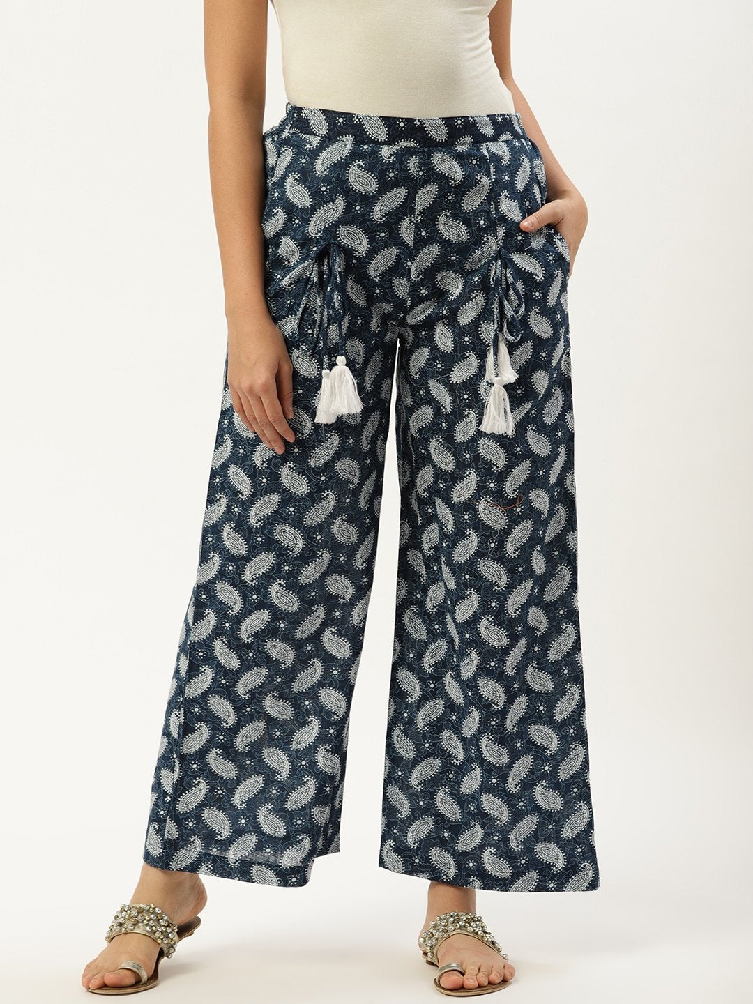 Women's Indigo Blue Ethnic Motifs Printed Cotton Wide Leg Palazzo
