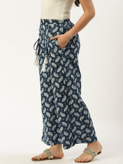 Women's Indigo Blue Ethnic Motifs Printed Cotton Wide Leg Palazzo
