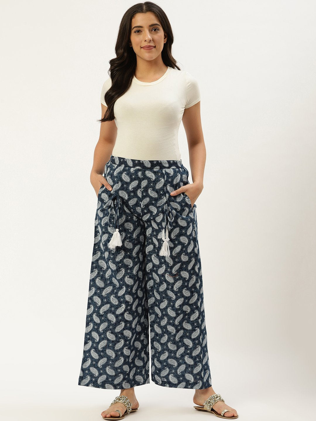 Women's Indigo Blue Ethnic Motifs Printed Cotton Wide Leg Palazzo