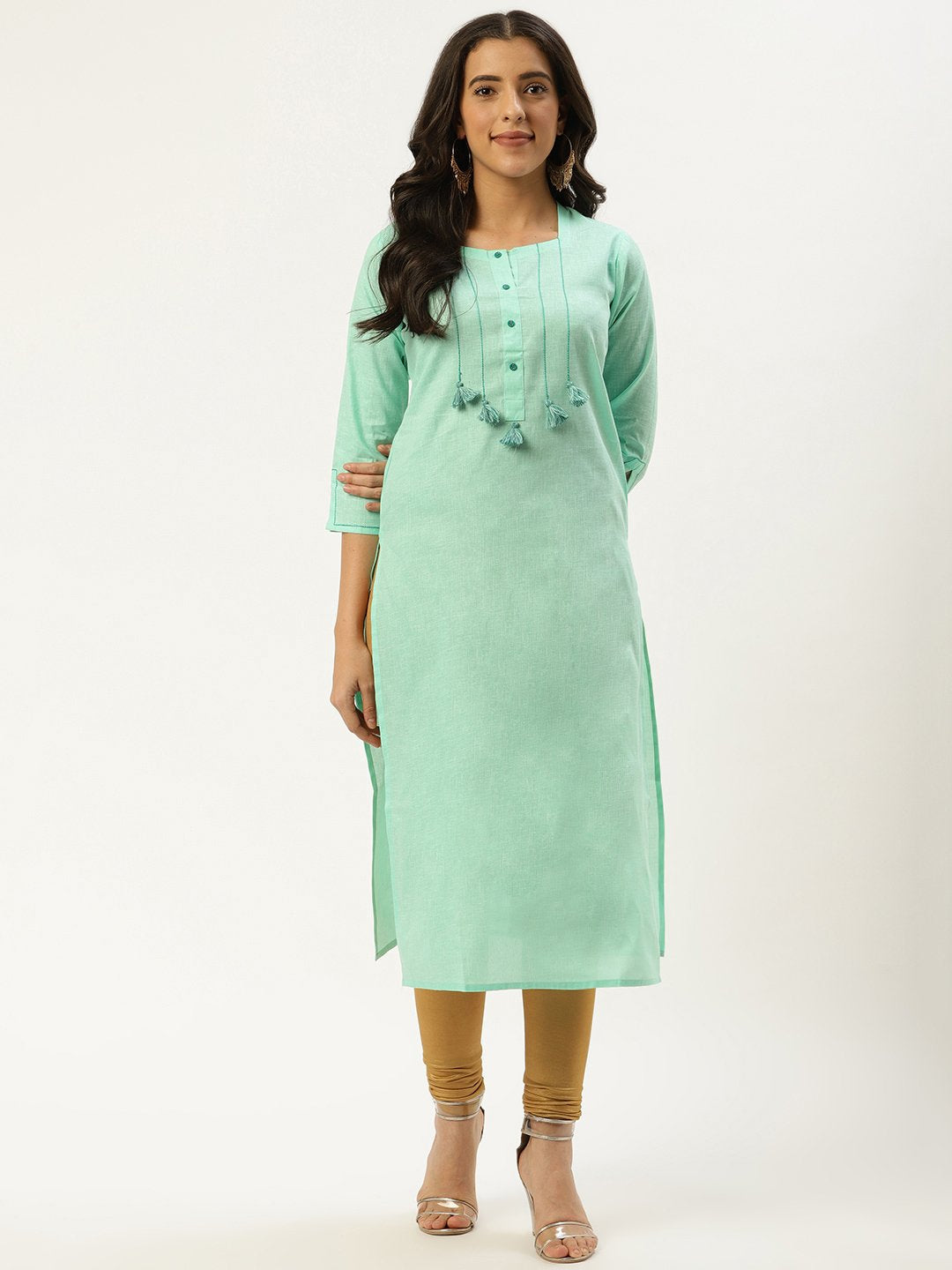 Women's Green Calf Length Three-Quarter Sleeves Straight Solid Cotton Kurta