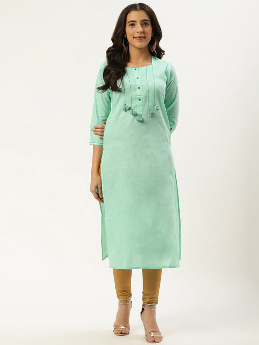 Women's Green Calf Length Three-Quarter Sleeves Straight Solid Cotton Kurta