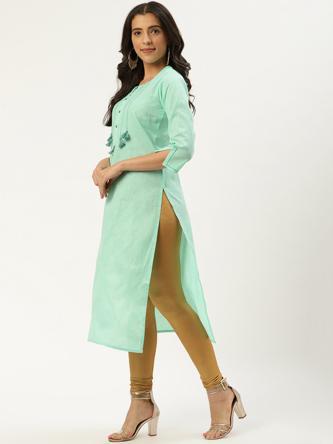 Women's Green Calf Length Three-Quarter Sleeves Straight Solid Cotton Kurta