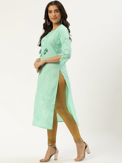 Women's Green Calf Length Three-Quarter Sleeves Straight Solid Cotton Kurta