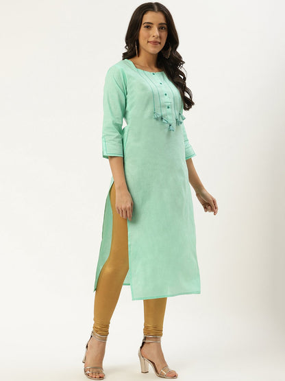 Women's Green Calf Length Three-Quarter Sleeves Straight Solid Cotton Kurta
