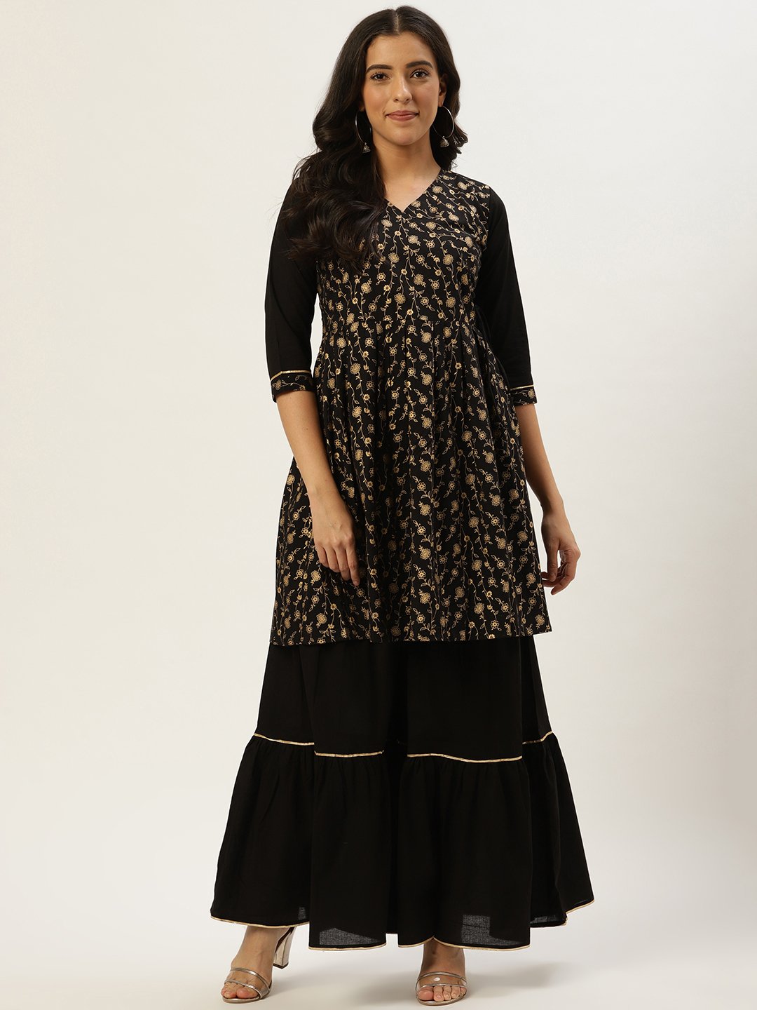 Women's Black Three-Quarter Sleeves Flared Peplum Kurta And Sharara Set