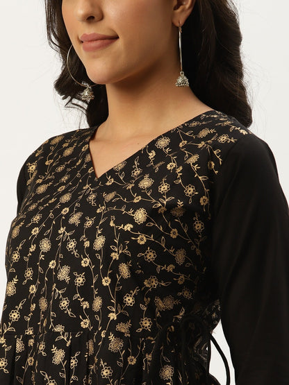 Women's Black Three-Quarter Sleeves Flared Peplum Kurta And Sharara Set