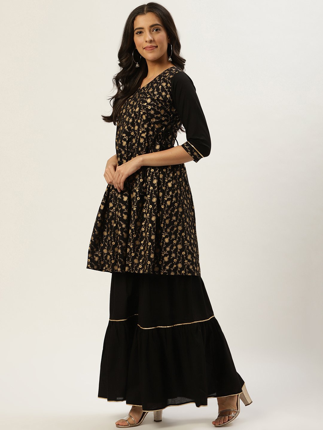 Women's Black Three-Quarter Sleeves Flared Peplum Kurta And Sharara Set