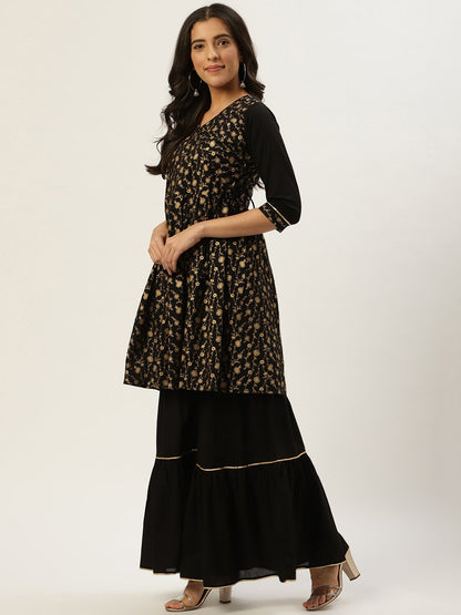 Women's Black Three-Quarter Sleeves Flared Peplum Kurta And Sharara Set