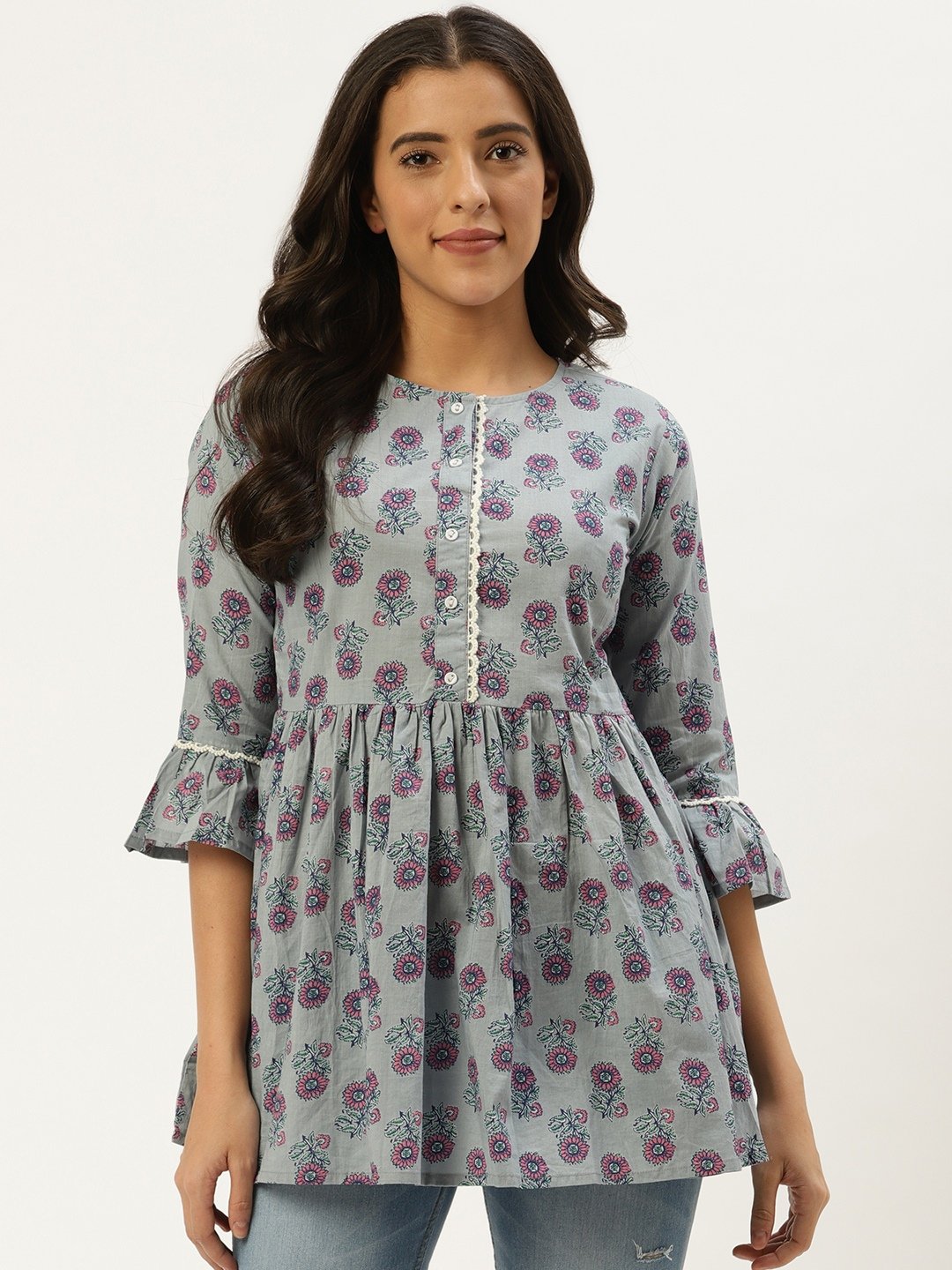 Women's Grey  Printed Flared Floral Cotton Kurti
