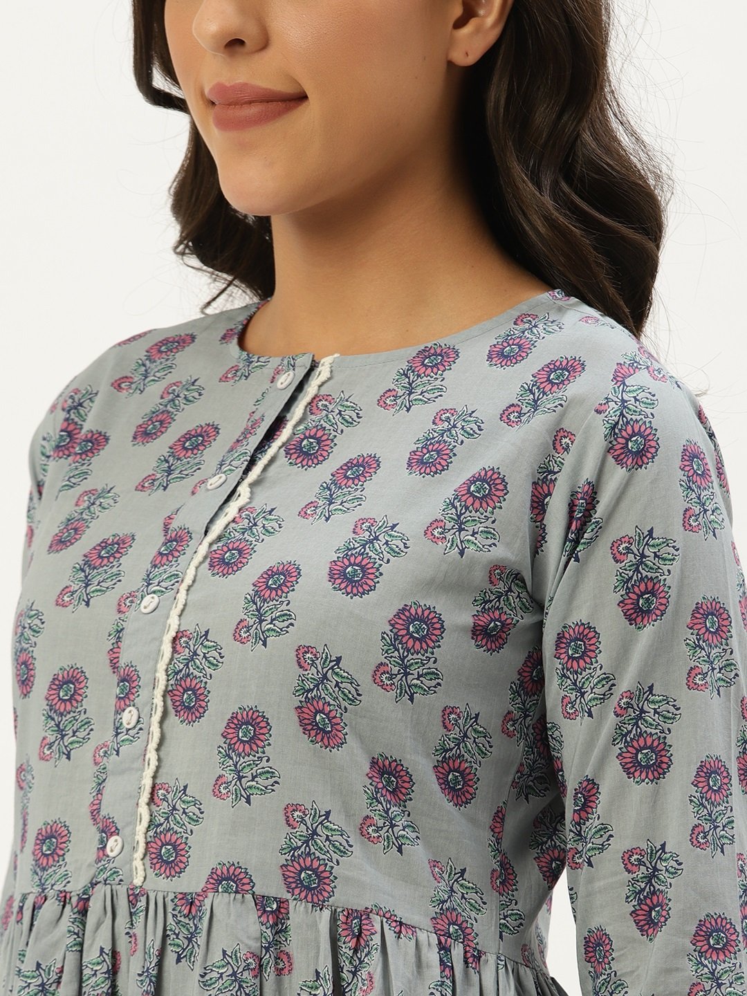 Women's Grey  Printed Flared Floral Cotton Kurti