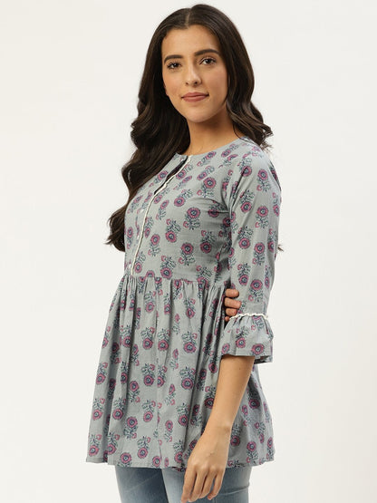 Women's Grey  Printed Flared Floral Cotton Kurti