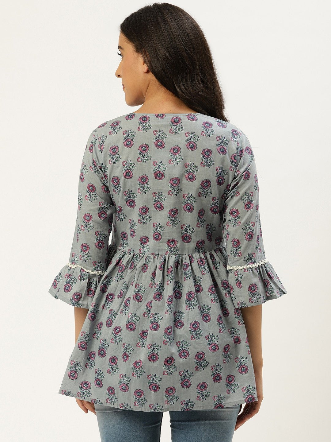 Women's Grey  Printed Flared Floral Cotton Kurti