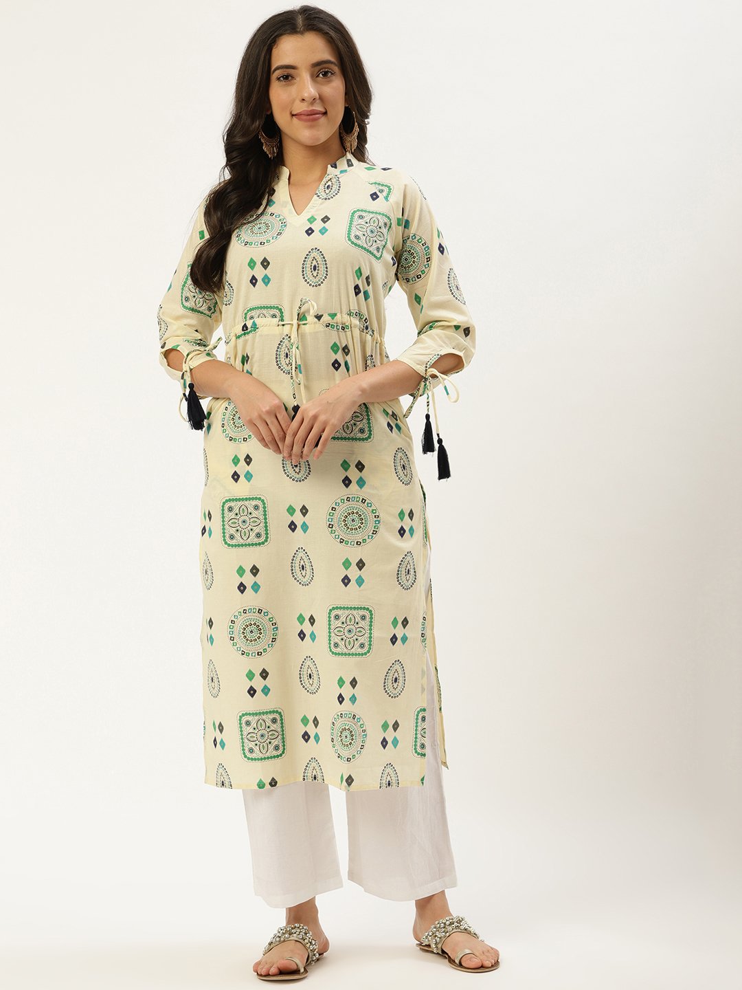 Women's Cream Calf Length Long Sleeves A-Line Ethnic Motifs Cotton Kurta