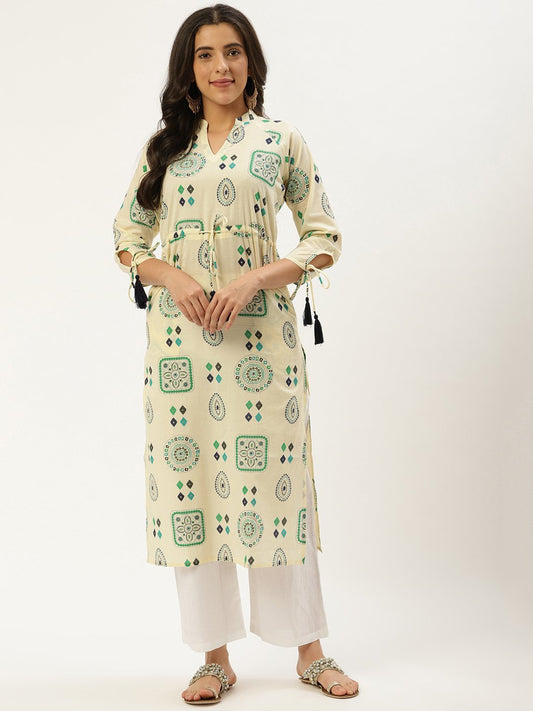 Women's Cream Calf Length Long Sleeves A-Line Ethnic Motifs Cotton Kurta