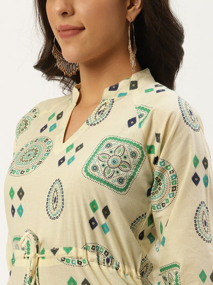 Women's Cream Calf Length Long Sleeves A-Line Ethnic Motifs Cotton Kurta