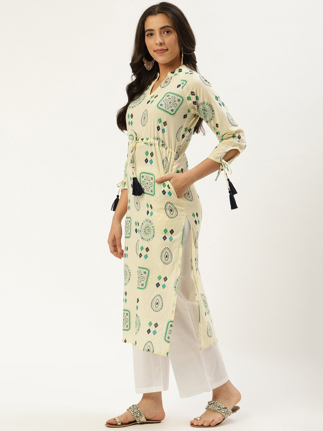Women's Cream Calf Length Long Sleeves A-Line Ethnic Motifs Cotton Kurta