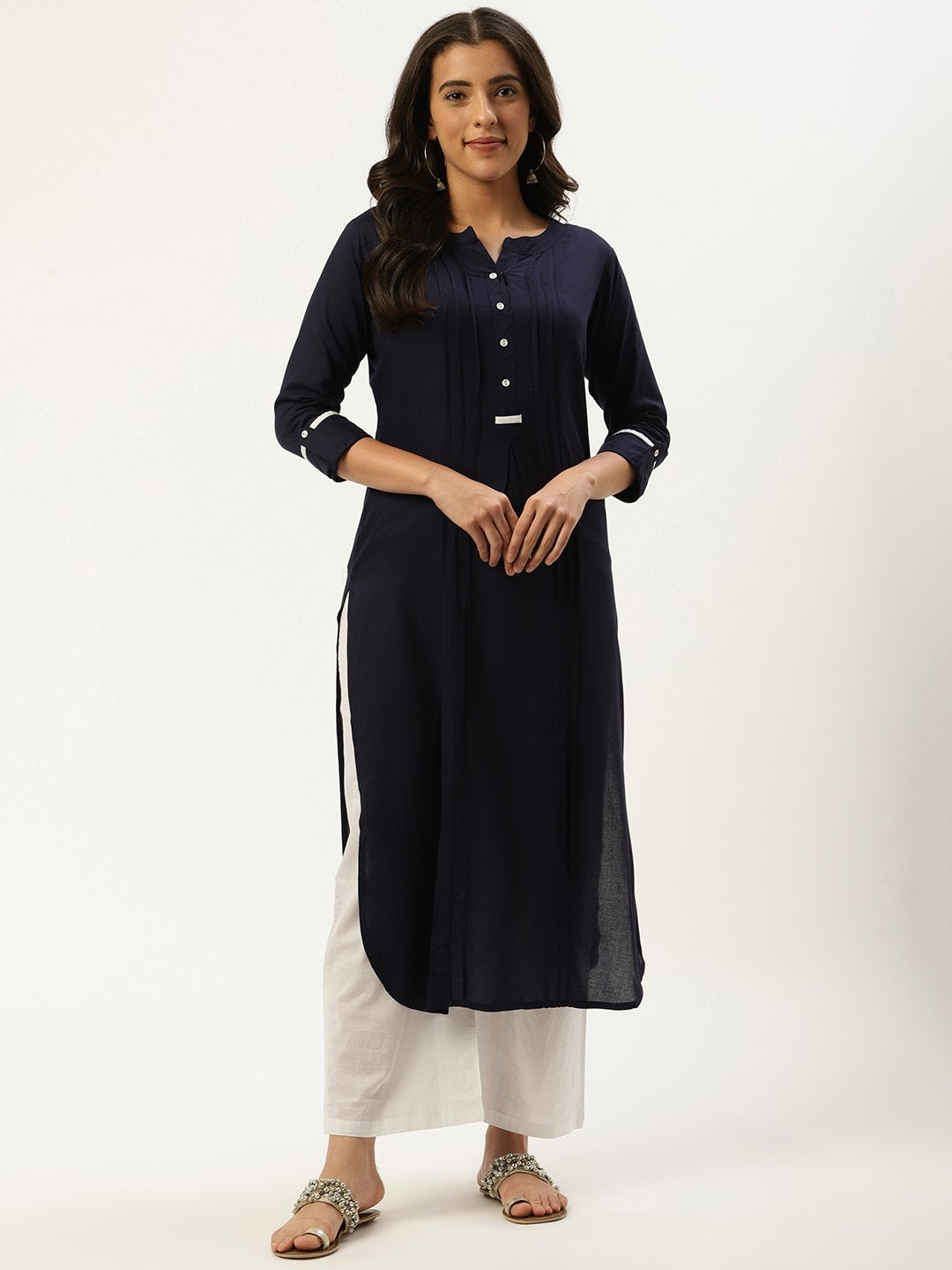 Women's Navy Blue Calf Length Three-Quarter Sleeves Straight Solid Viscose Rayon Kurta